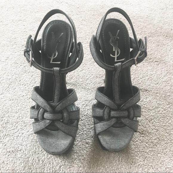 YSL Gray & Black Tribute Platform Sandal Heels Size 5 - Picture 5 of 8